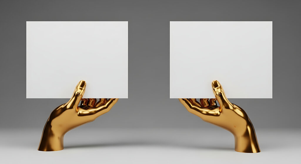 Two gold metallic hands hold blank white cards side by side against a gray background as a symmetrical display.