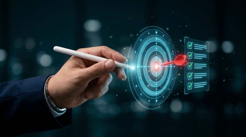 Hand holding a stylus pointing at a glowing holographic radar target with a transparent checklist showing green checks.