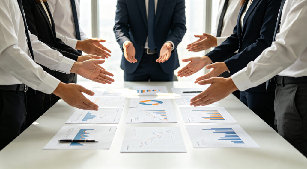 Business team reaching for documents on conference table - SEMICON.TODAY Team of professionals in suits around a table, hands joined in a collaborative gesture over charts and graphs on printed reports, mid-discussion.