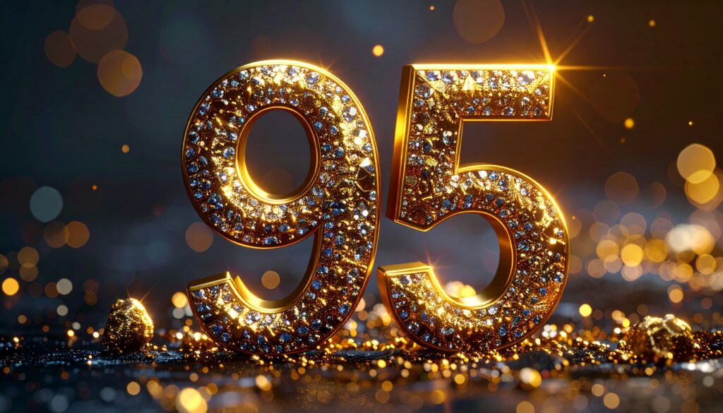 Large gold digits 9 and 5 encrusted with diamonds, sparkling against a festive bokeh background.