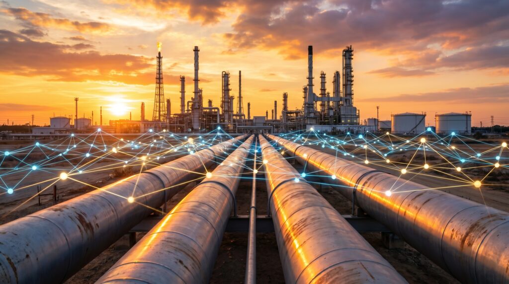 Oil refinery with large pipelines at sunset and a network of glowing blue and yellow lines in the foreground, suggesting digital connectivity.