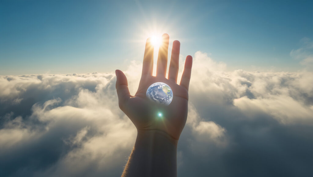 まばゆい光へ手を伸ばし地球を守る日本人の雲上写真 - SEMICON.TODAY Hand cupping Earth above a cloudy sky with the sun shining between fingers