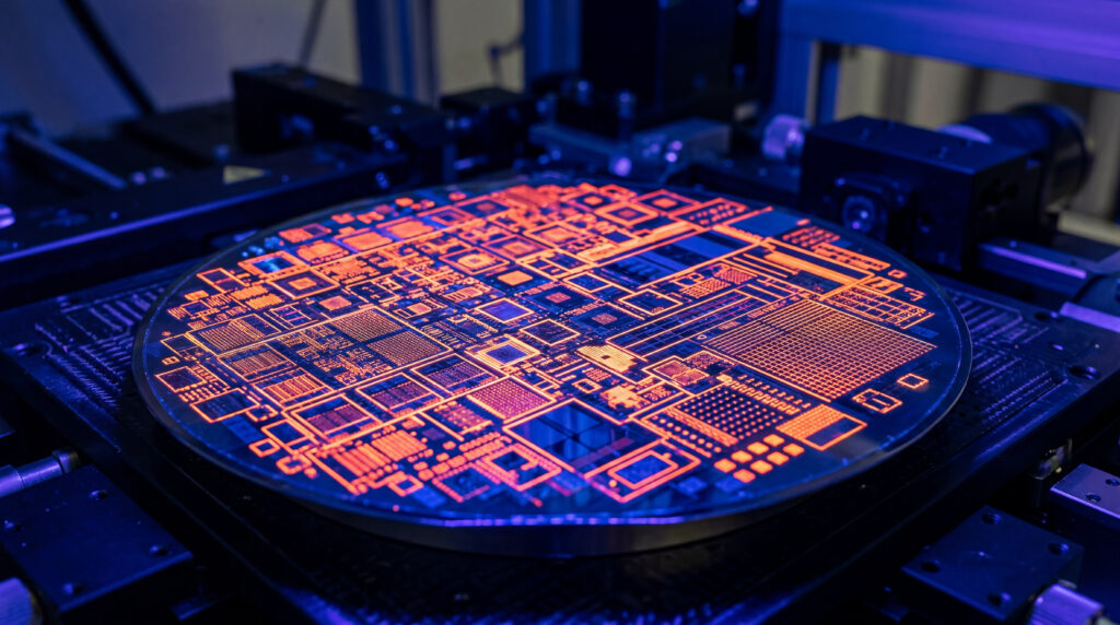 Macro Shot Of A Silicon Carbide Semiconductor Wafer Under Ultraviolet Inspection Light In High-Tech Lab - SEMICON.TODAY Close-up of a circular semiconductor chip with glowing orange circuitry under blue lab lighting on a precision testing platform.