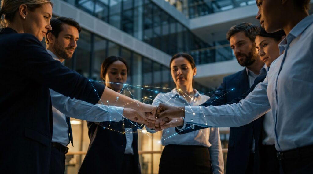 Diverse business team joins fists in a circle with glowing digital network lines connecting their hands to represent strong collaboration - SEMICON.TODAY Team of diverse professionals in business attire join hands in a circle, with glowing network lines connecting the group outside a modern glass building.
