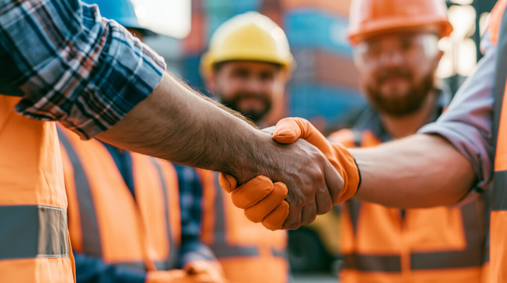 Close-up handshake between construction workers with safety gear outdoor - SEMICON.TODAY Construction workers in orange safety vests shake hands on a construction site, wearing gloves and hard hats in the background.