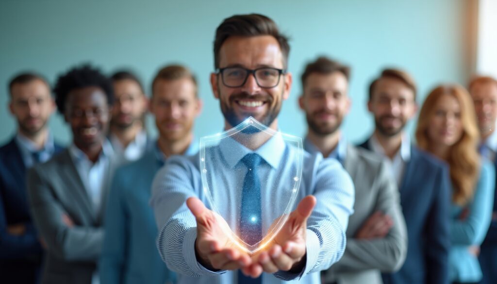 Smiling man in the foreground presenting a glowing shield, with colleagues in the background—symbolizing teamwork and security.
