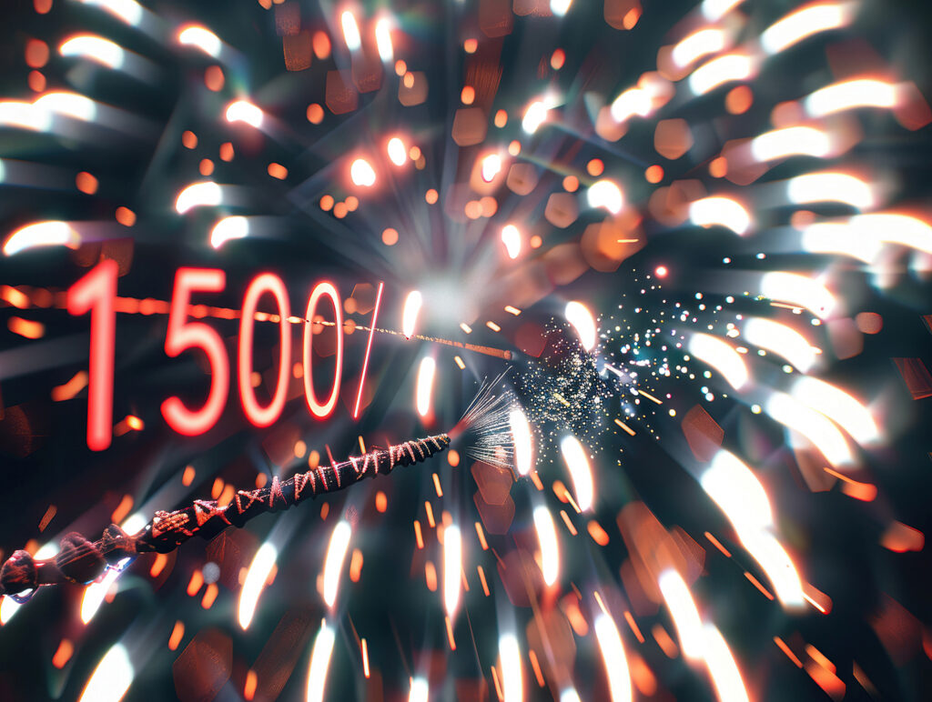 Close-up of 1500 against a dynamic fireworks backdrop digital artwork with high-tech aesthetics and lightshadow atmosphere Fireworks sticks are present Central figure appears envelo - AI-Generated - SEMICON.TODAY Abstract celebration scene with glowing red neon numbers and orange light bursts, suggesting a milestone event.