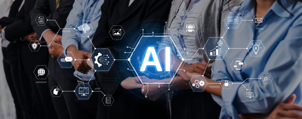 A comprehensive AI business suite for e-commerce marketing and operations Fermion - SEMICON.TODAY People in business attire explore AI technology, with a glowing AI centerpiece and connected icons around it (concept of AI networking).
