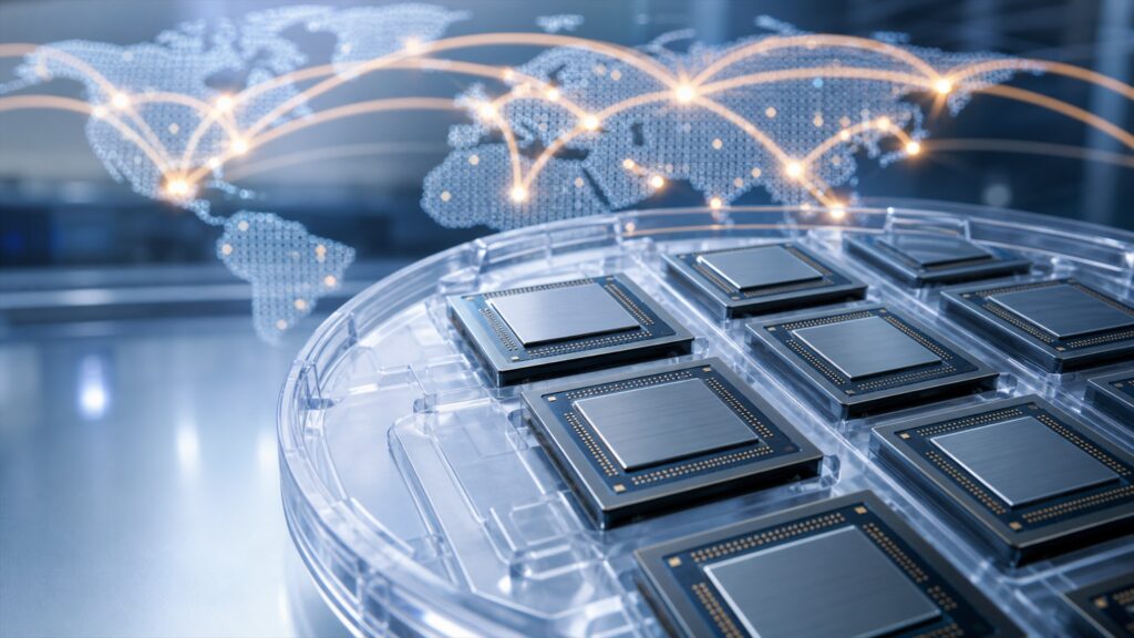 Close-up of compact microchips arranged on a circular tray with glowing global network lines in the background.