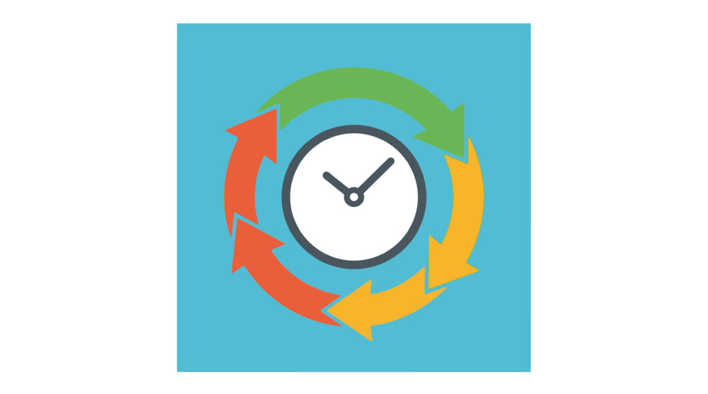 Circular Arrows Clock Cycle Time Management Concept - SEMICON.TODAY Clock surrounded by looping orange, green, and yellow arrows on a teal background, illustrating time cycles or refresh.