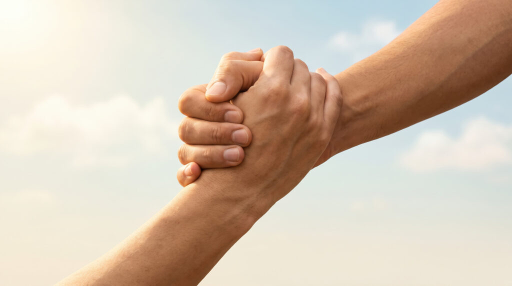 Close up of two hands clasped together in a supportive grip against a bright sky celebrating trust friendship unity encouragement hope lasting human connection and Friendship Day concept - SEMICON.TODAY Two hands tightly clasped in a supportive grip against a pale sky backdrop.