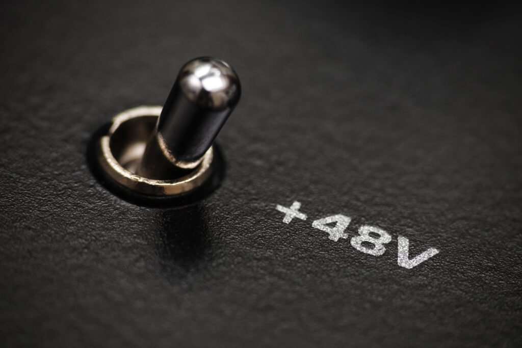 Close-up of a shiny metal needle-like pin protruding from a black textured surface, with a brass ring around its base.