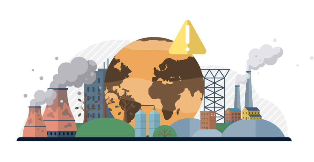 Air pollution vector illustration The protective cloak our ecosystem weakens as air pollution gains toxic foothold The symphony nature is drowned out by cacophony industrial air pollution - SEMICON.TODAY Illustration of the Earth surrounded by factories and smokestacks emitting smoke, with a yellow warning triangle overhead, signaling pollution.
